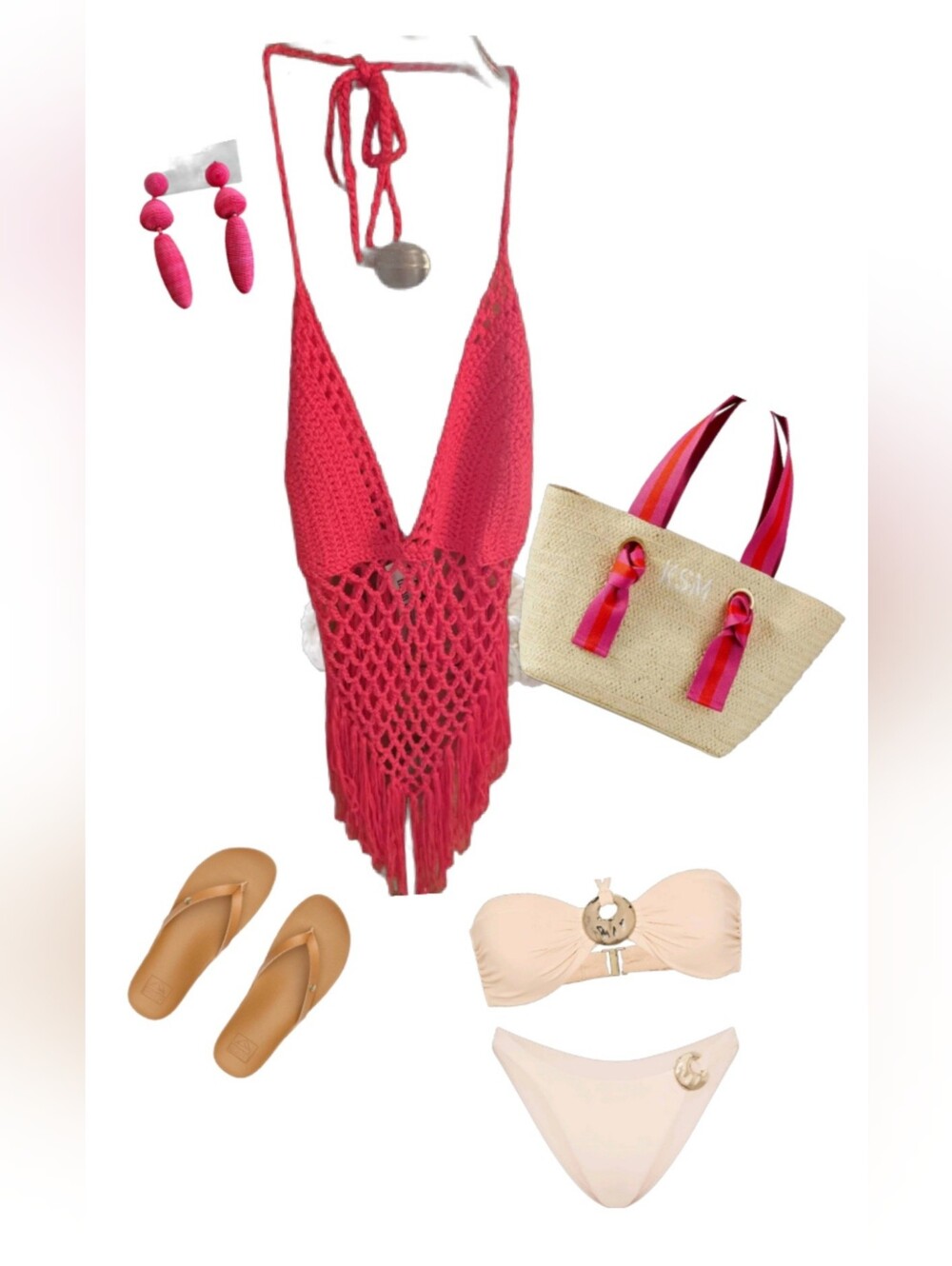 Beach Bundle Crochet Halter Coverup & Dangle Earrings-Bright Coral Pink NWT Only